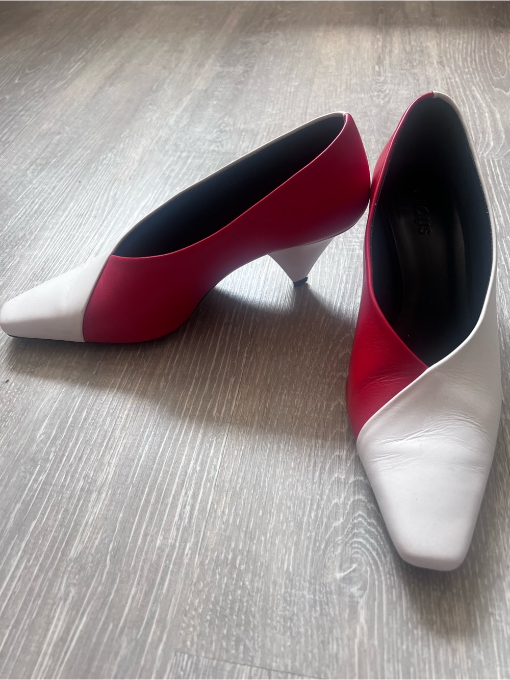 Neous Women’s Two-Tone Red and White Cone Heel Pumps